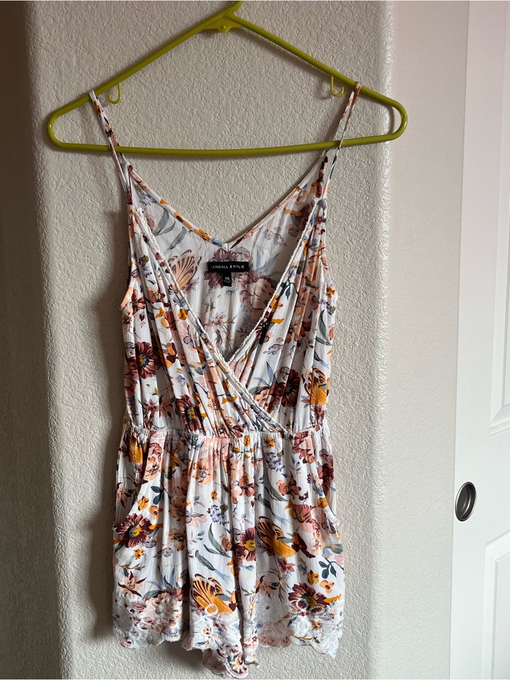 Kendall & Kylie Floral V-Neck Romper in Cream, Brown, Yellow, and Blue